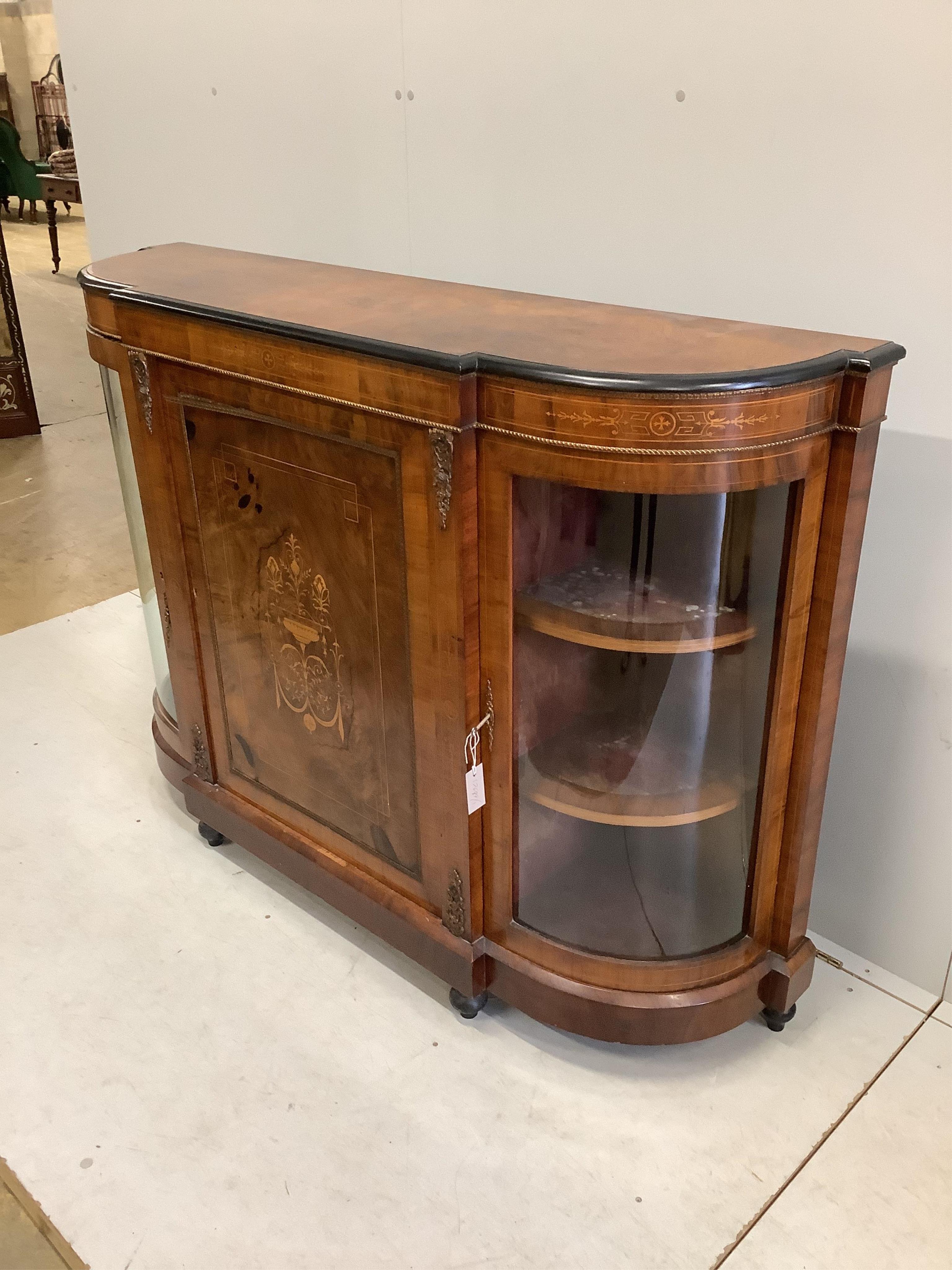 A Victorian gilt metal mounted marquetry inlaid walnut breakfront side cabinet, width 149cm, depth 38cm, height 107cm. Condition - fair